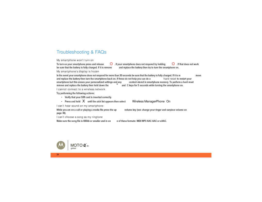 Motorola 9h Global manual Troubleshooting & FAQs, My smartphone won’t turn on 