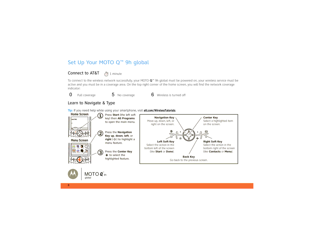 Motorola 9h Global manual Set Up Your Moto Q 9h global, Connect to AT&T, Learn to Navigate & Type 