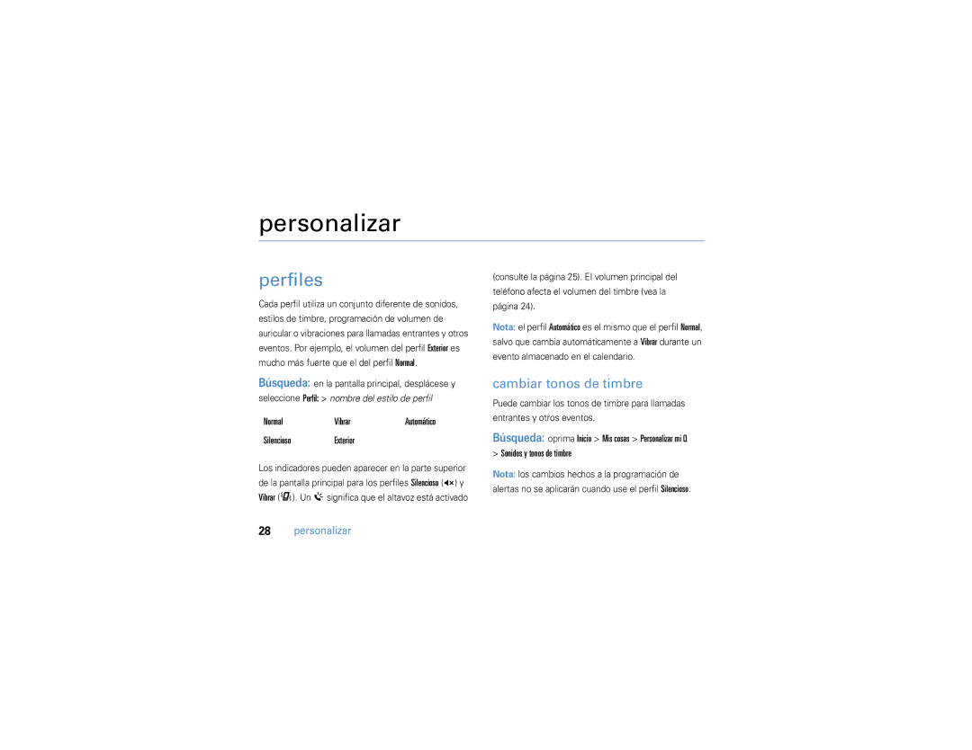 Motorola 9h manual Personalizar, Perfiles, Cambiar tonos de timbre 