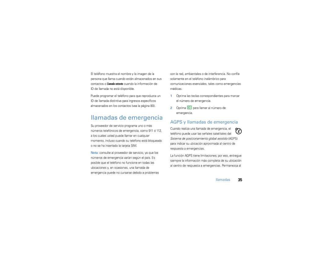 Motorola 9h manual Llamadas de emergencia, Agps y llamadas de emergencia 