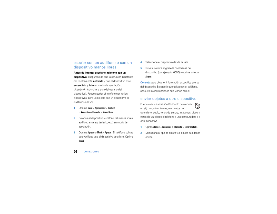 Motorola 9h Asociar con un audífono o con un dispositivo manos libres, Enviar objetos a otro dispositivo, Buscar, Aceptar 