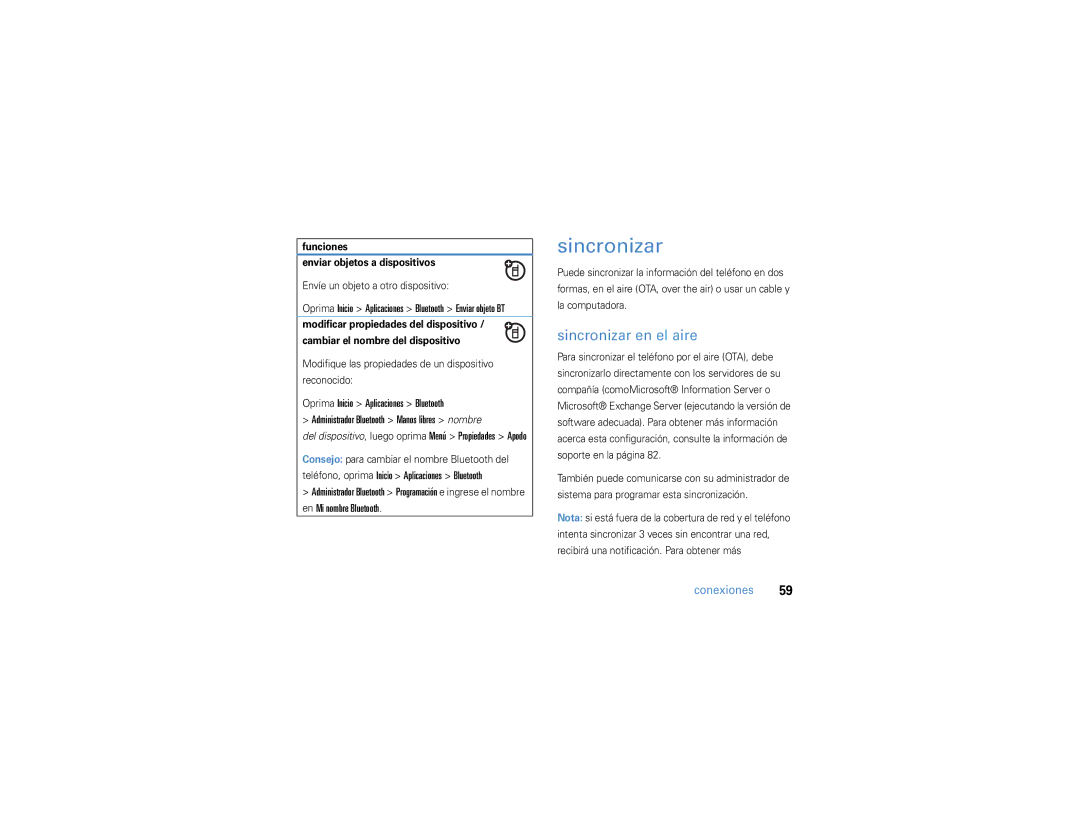 Motorola 9h manual Sincronizar en el aire, Funciones Enviar objetos a dispositivos, Envíe un objeto a otro dispositivo 