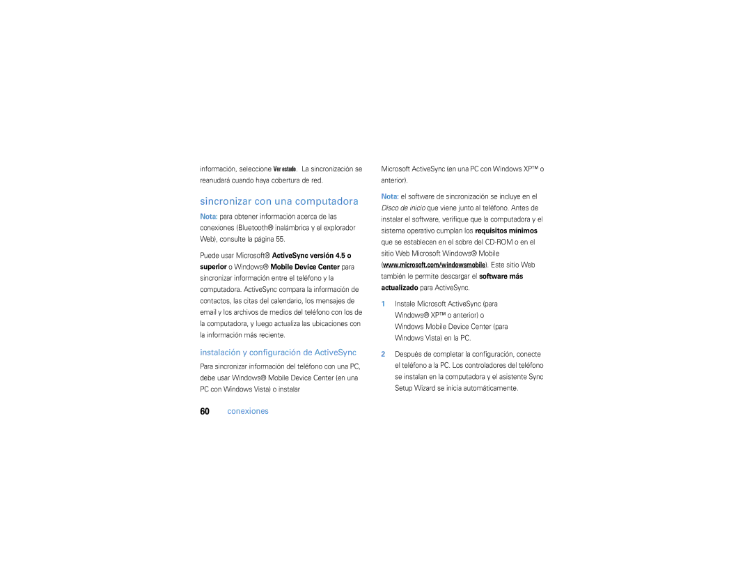 Motorola 9h manual Sincronizar con una computadora, Instalación y configuración de ActiveSync 