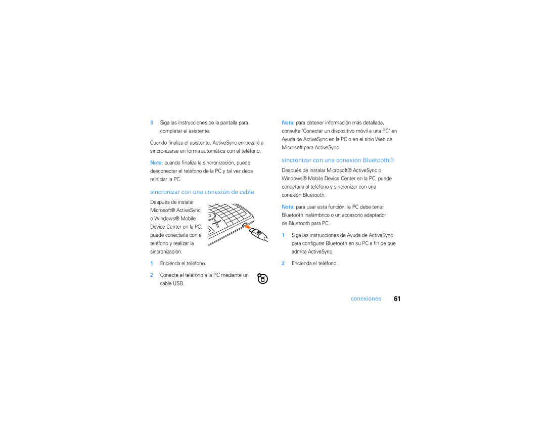 Motorola 9h manual Sincronizar con una conexión de cable, Sincronizar con una conexión Bluetooth 