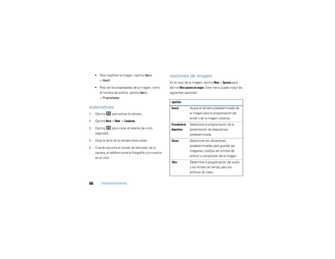 Motorola 9h manual Autorretrato, Opciones de imagen, Oprima Menú Modo Cronómetro, Diapositivas, Cámara 