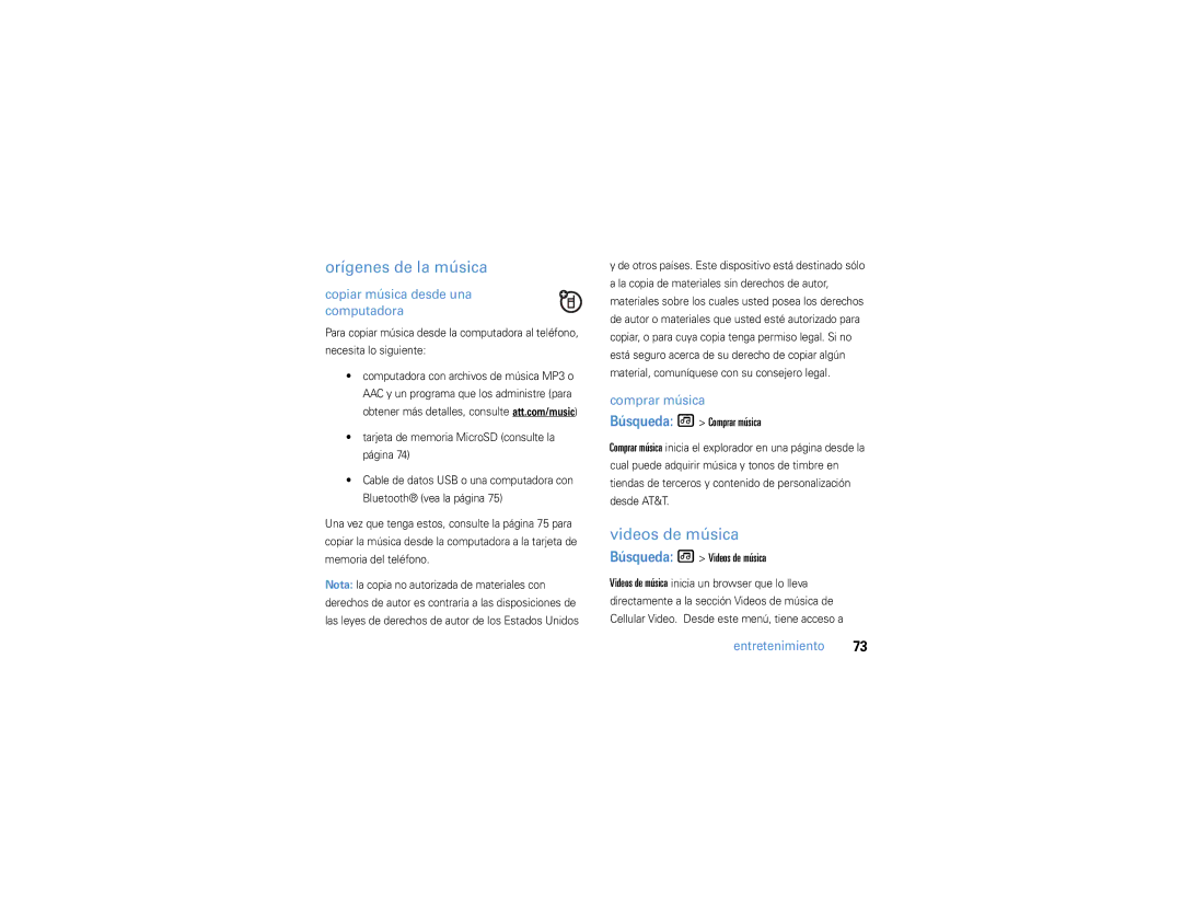 Motorola 9h manual Orígenes de la música, Videos de música, Copiar música desde una computadora, Comprar música 
