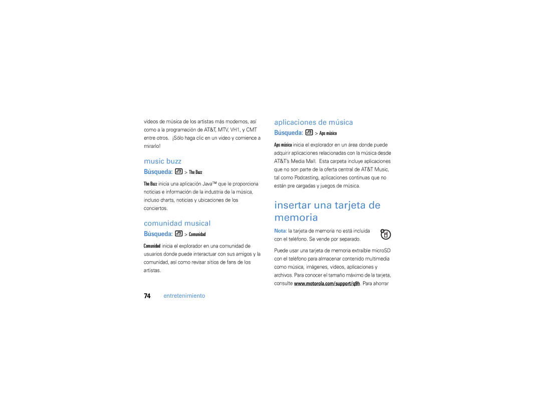 Motorola 9h manual Insertar una tarjeta de memoria, Comunidad musical, Aplicaciones de música 