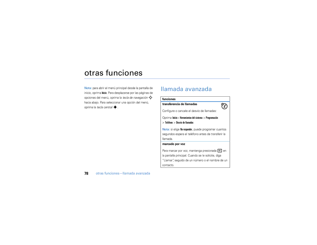 Motorola 9h manual Llamada avanzada, Teléfono Desvío de llamadas, Otras funciones-llamada avanzada 
