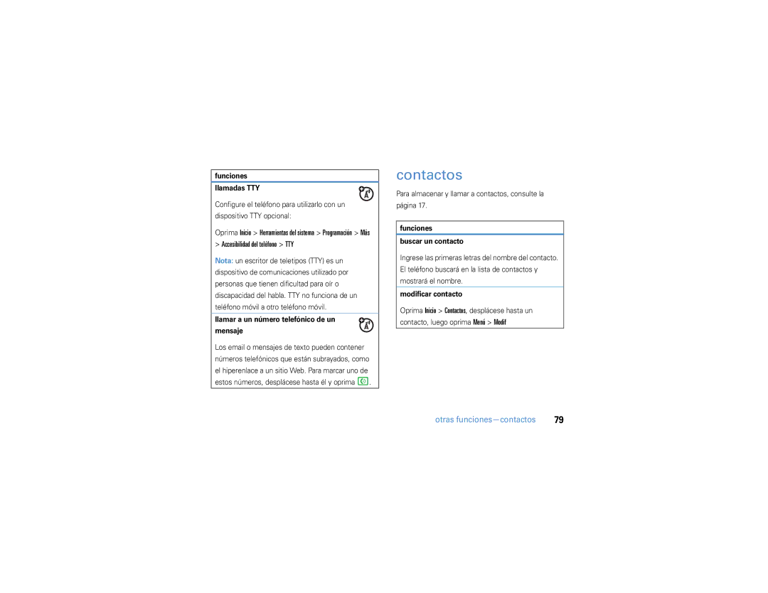 Motorola 9h manual Contactos, Accesibilidad del teléfono TTY, Otras funciones-contactos 