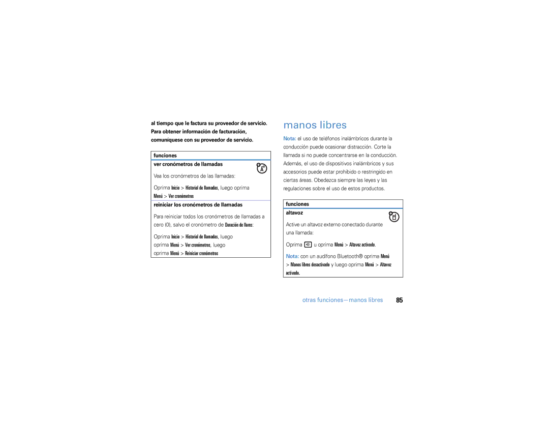 Motorola 9h manual Manos libres, Oprima hu oprima Menú Altavoz activado, Otras funciones-manos libres 