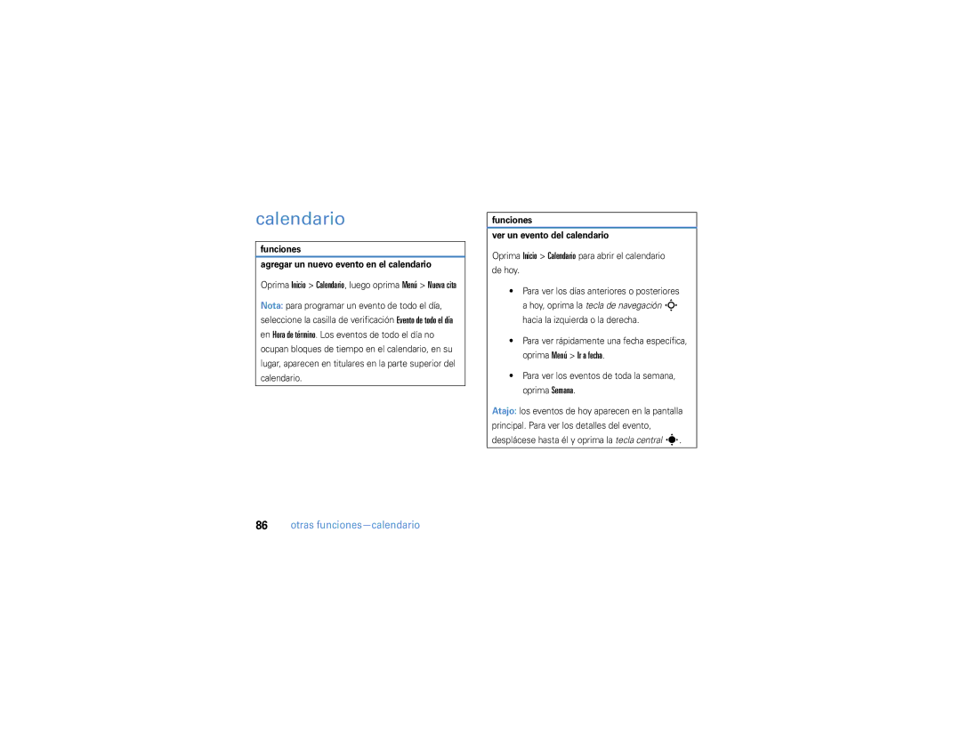 Motorola 9h manual Calendario, Otras funciones-calendario, Funciones Agregar un nuevo evento en el calendario 