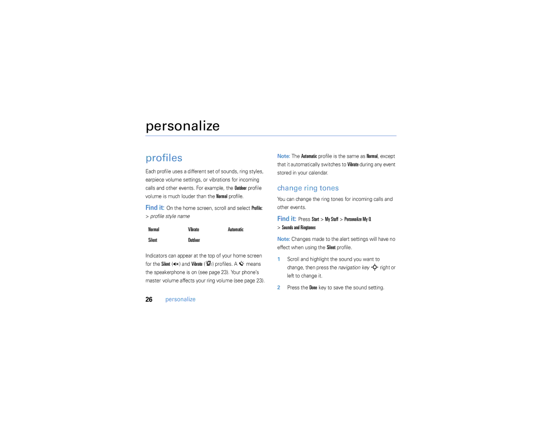 Motorola 9h manual Personalize, Profiles, Change ring tones 