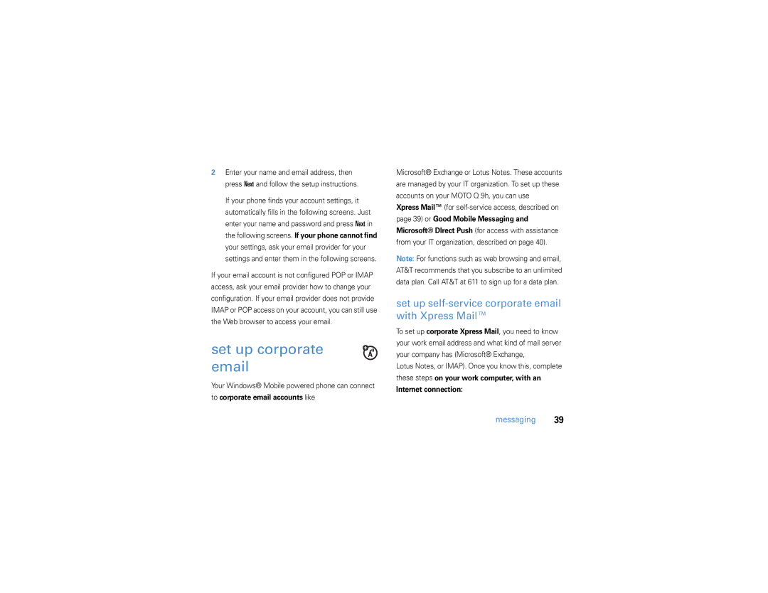 Motorola 9h Set up corporate email, Set up self-service corporate email with Xpress Mail, To corporate email accounts like 