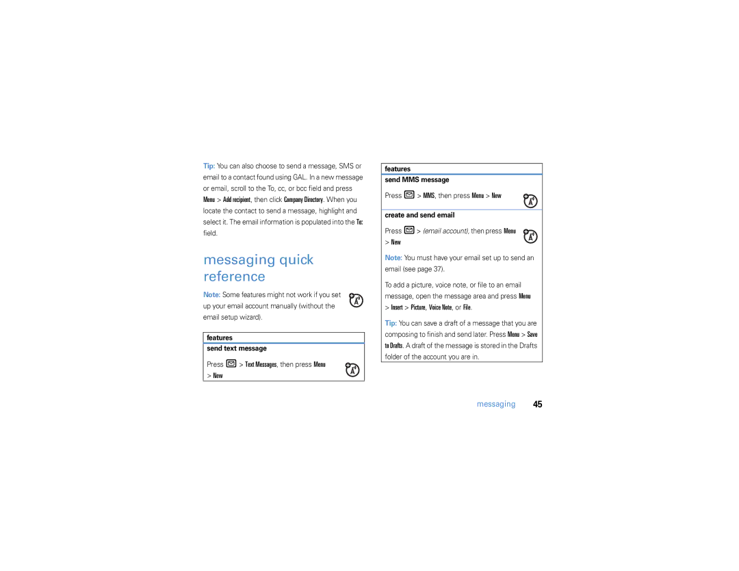Motorola 9h manual Messaging quick reference, New, Insert Picture, Voice Note, or File 