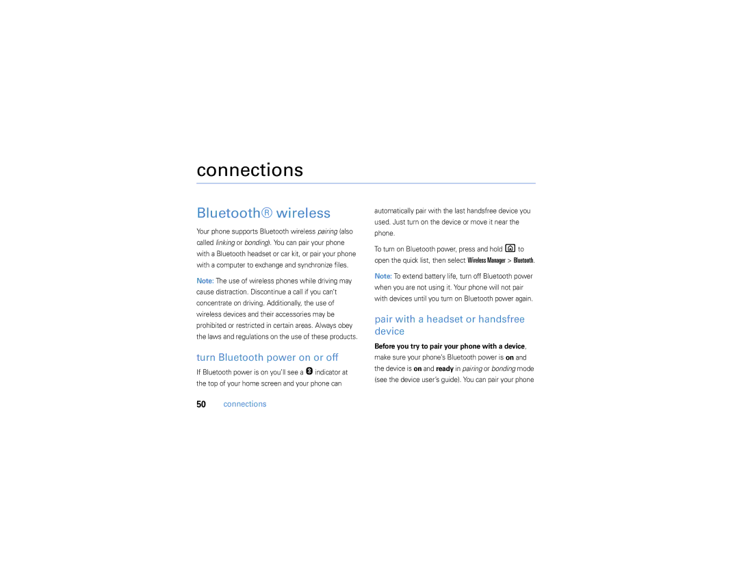 Motorola 9h manual Connections, Bluetooth wireless, Turn Bluetooth power on or off, Pair with a headset or handsfree device 