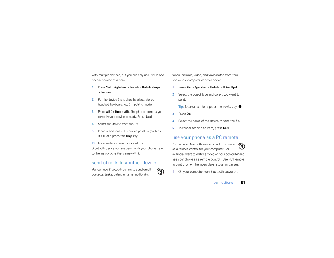 Motorola 9h manual Send objects to another device, Use your phone as a PC remote, On your computer, turn Bluetooth power on 