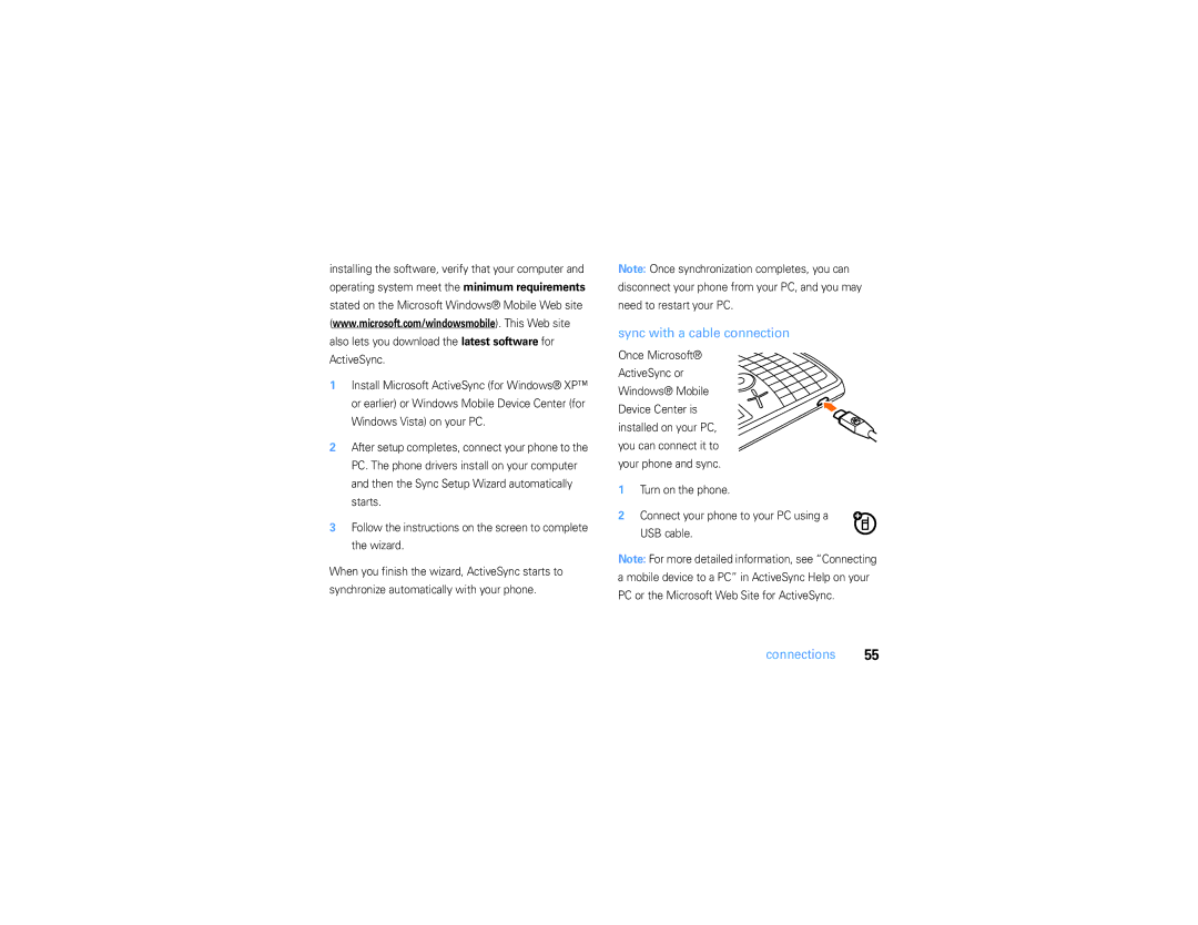 Motorola 9h manual Sync with a cable connection 