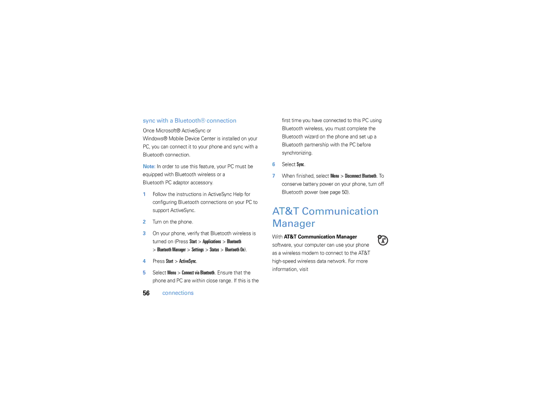 Motorola 9h manual AT&T Communication Manager, Sync with a Bluetooth connection, Press Start ActiveSync 