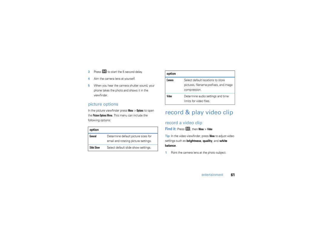 Motorola 9h manual Record & play video clip, Picture options, Record a video clip 