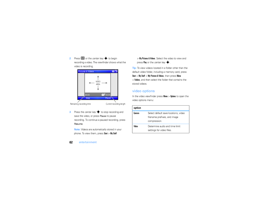 Motorola 9h Video options, Select default save locations, video, Filename prefixes, and image, Settings for video files 