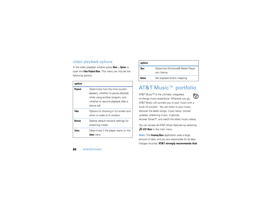 Motorola 9h manual AT&T Music portfolio, Video playback options 