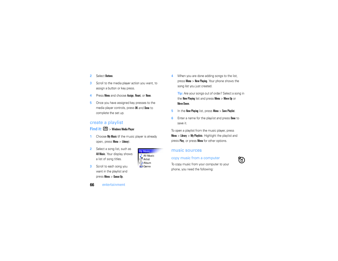 Motorola 9h manual Create a playlist, Music sources, Find it Windows Media Player, Copy music from a computer 