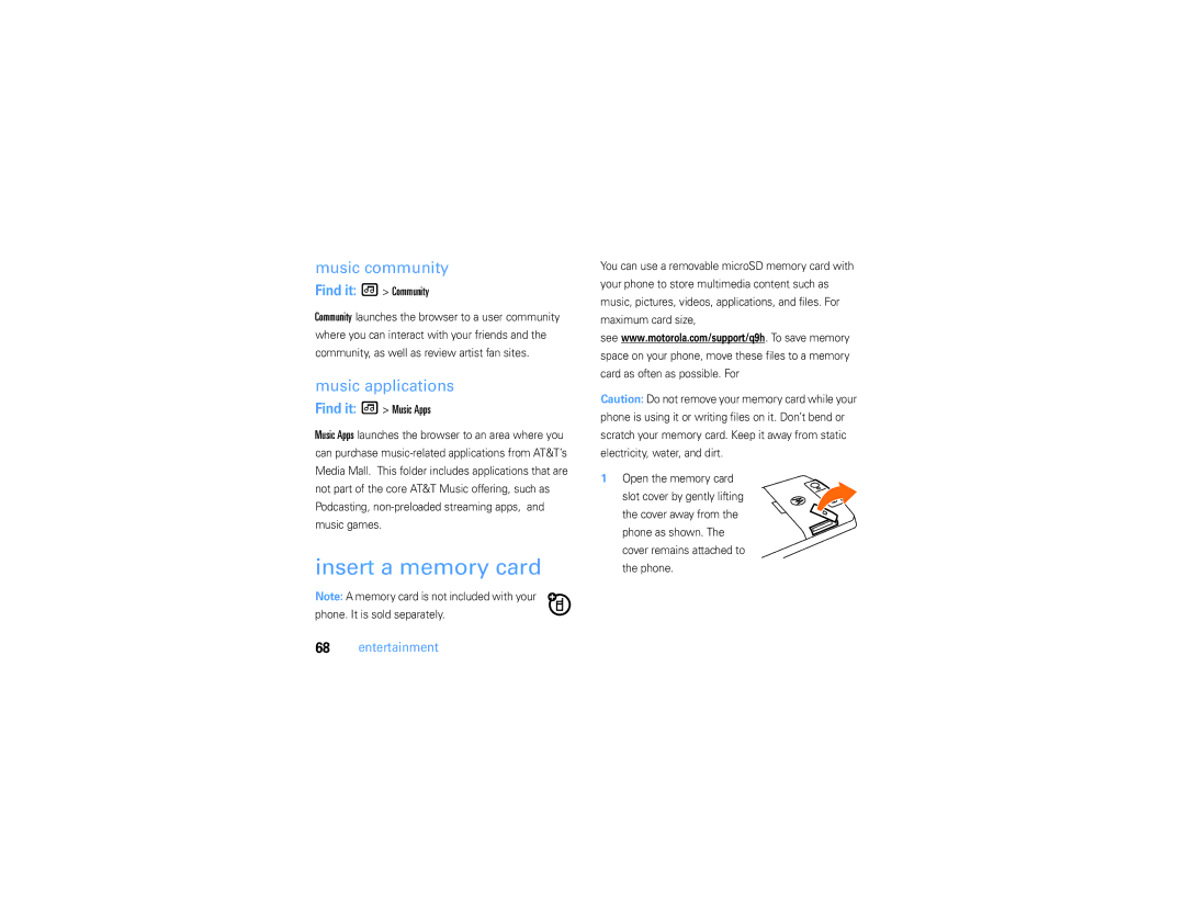 Motorola 9h manual Insert a memory card, Music community, Music applications, Find it Music Apps 