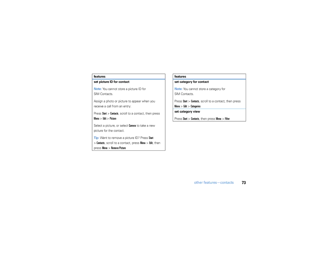 Motorola 9h manual Menu Edit Categories, Press Start Contacts, then press Menu Filter, Features Set picture ID for contact 