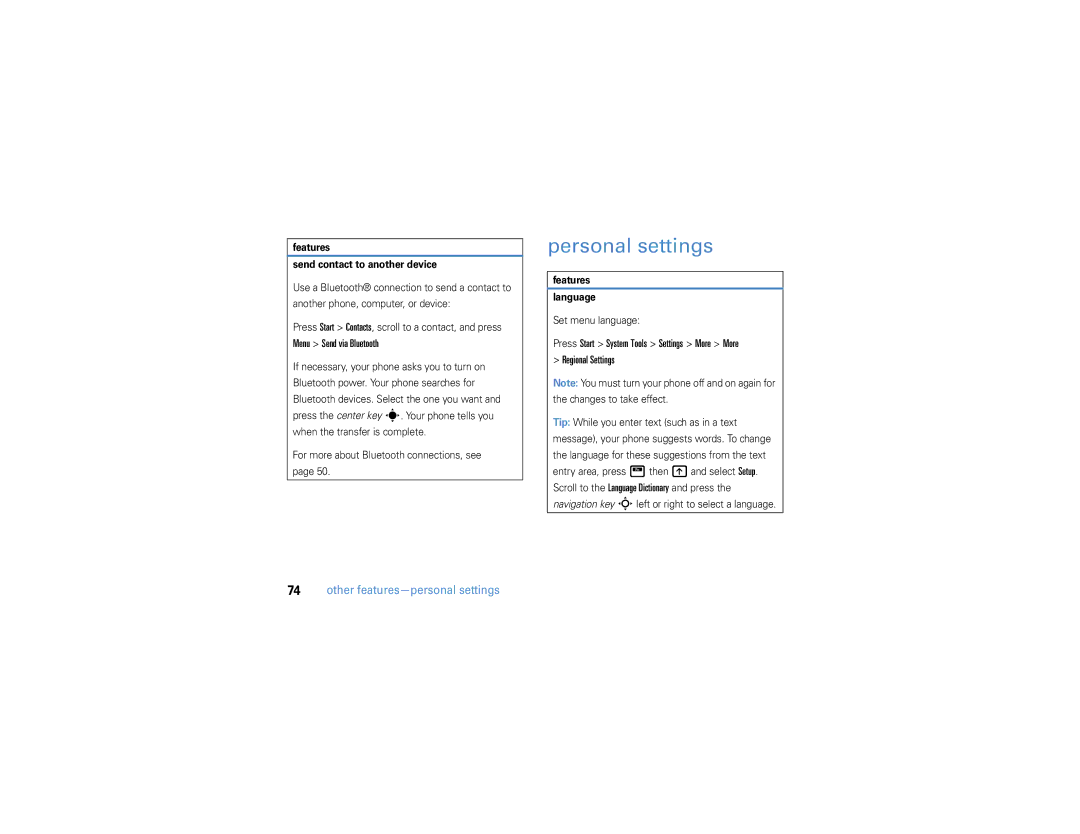 Motorola 9h manual Personal settings, Menu Send via Bluetooth, Other features-personal settings, Features Language 