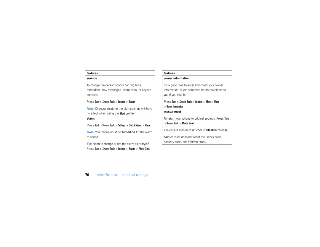 Motorola 9h manual Press Start System Tools Settings Sounds, System Tools Master Reset 