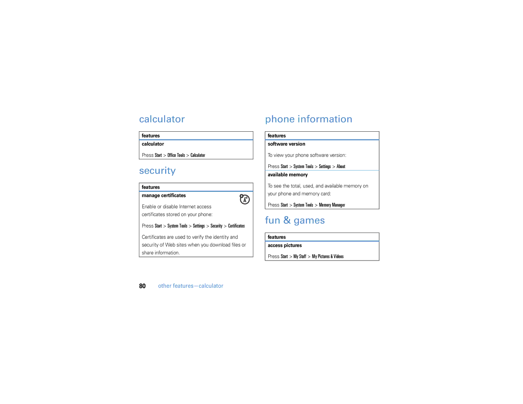 Motorola 9h manual Calculator, Security, Phone information, Fun & games, Other features-calculator 