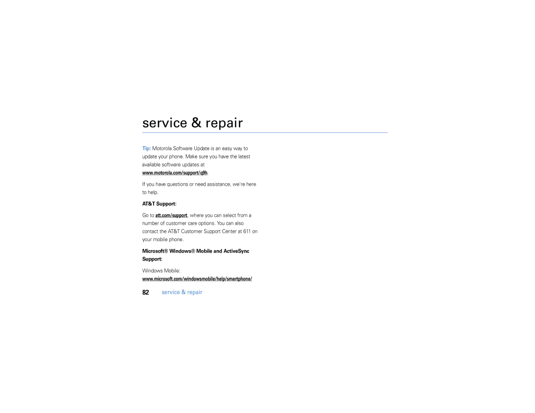 Motorola 9h manual Service & repair, AT&T Support Microsoft Windows Mobile and ActiveSync 