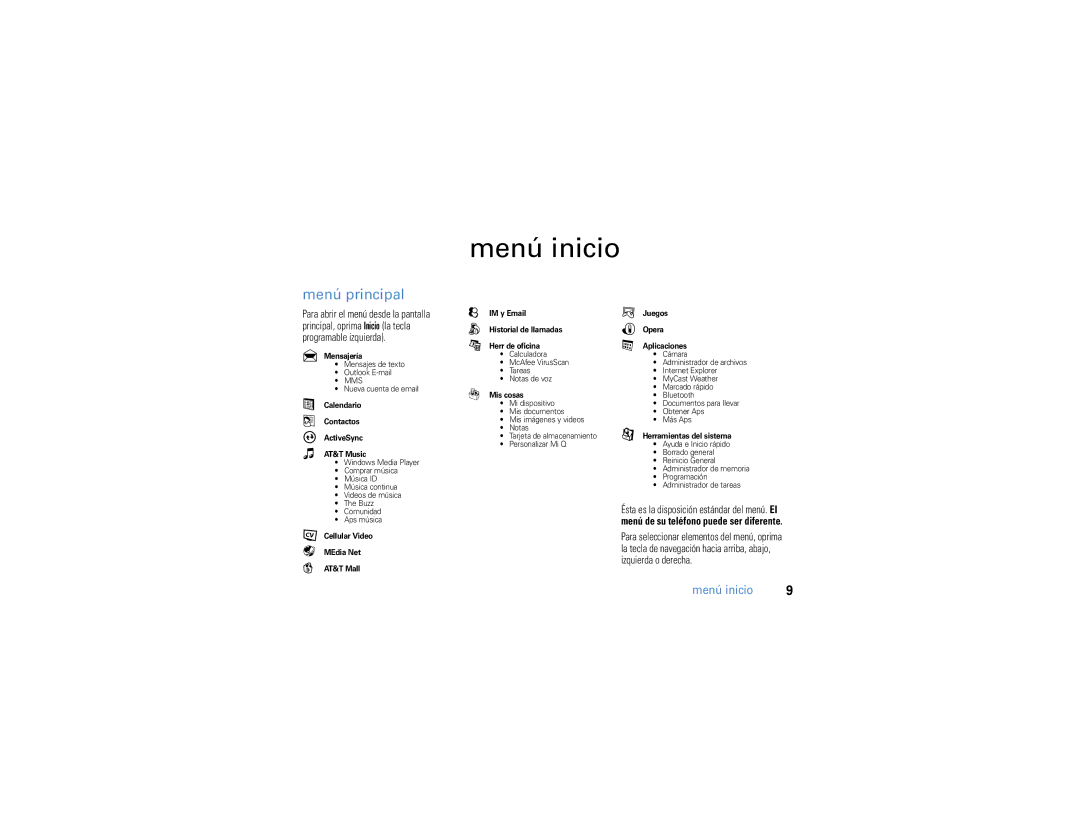 Motorola 9h manual Menú inicio, Menú principal 