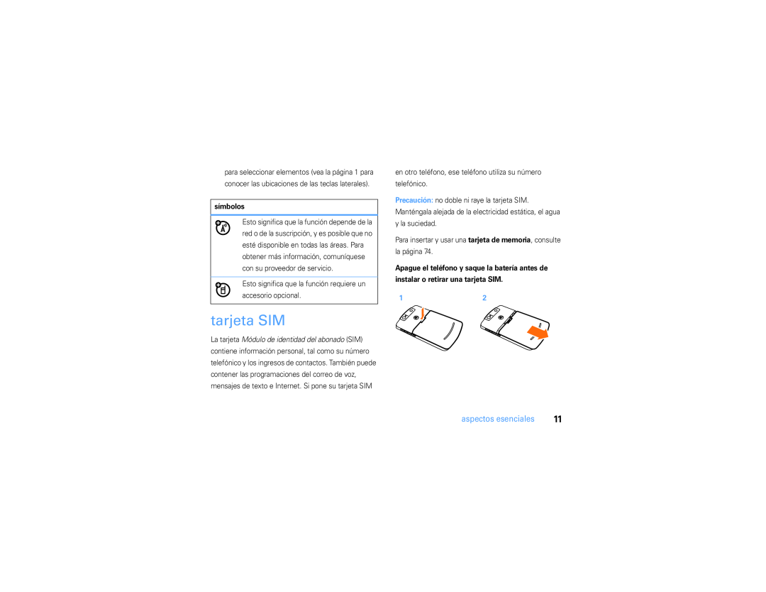 Motorola 9h manual tarjeta SIM, aspectos esenciales, símbolos 