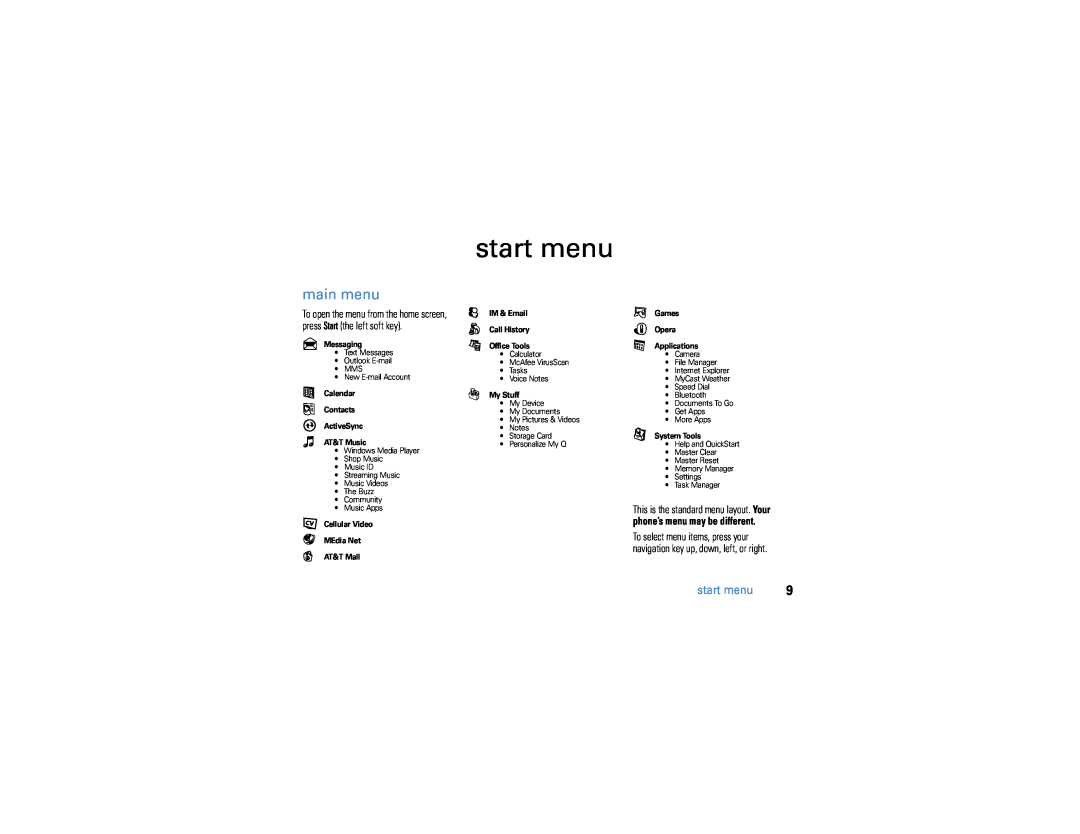 Motorola 9h start menu, main menu, phone’s menu may be different, Messaging, Calendar Contacts A ActiveSync Æ AT&T Music 
