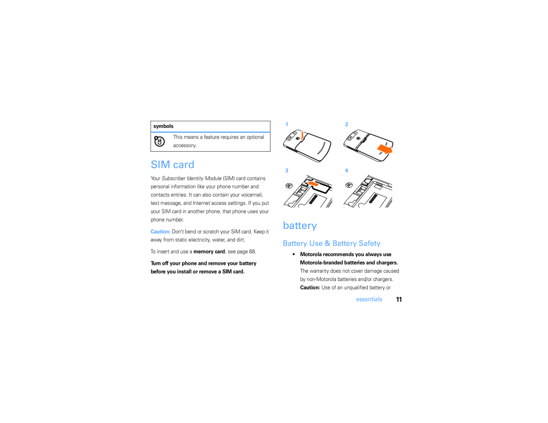 Motorola 9h manual SIM card, battery, Battery Use & Battery Safety, essentials, symbols 