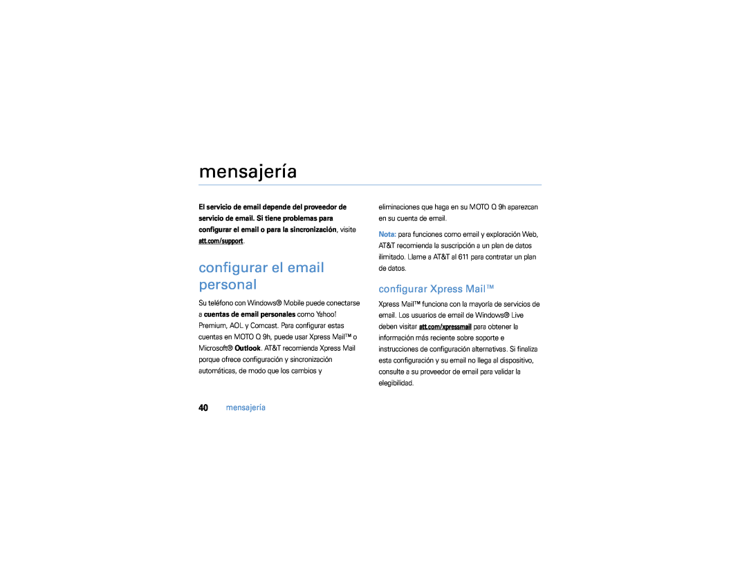Motorola 9h manual mensajería, configurar el email personal, configurar Xpress Mail 