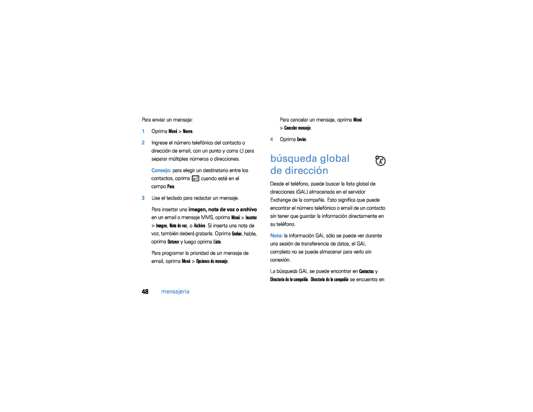 Motorola 9h manual búsqueda global de dirección, mensajería, Cancelar mensaje 