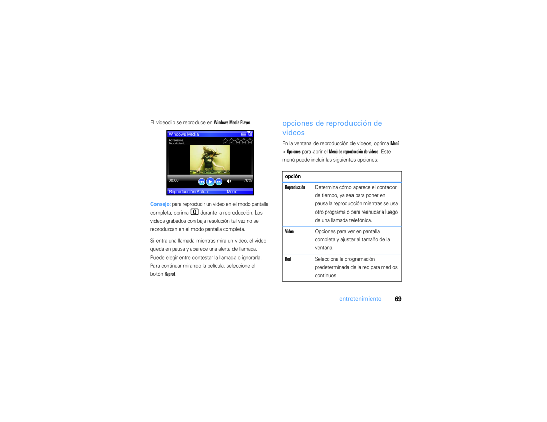 Motorola 9h manual opciones de reproducción de videos, Video, entretenimiento, opción 