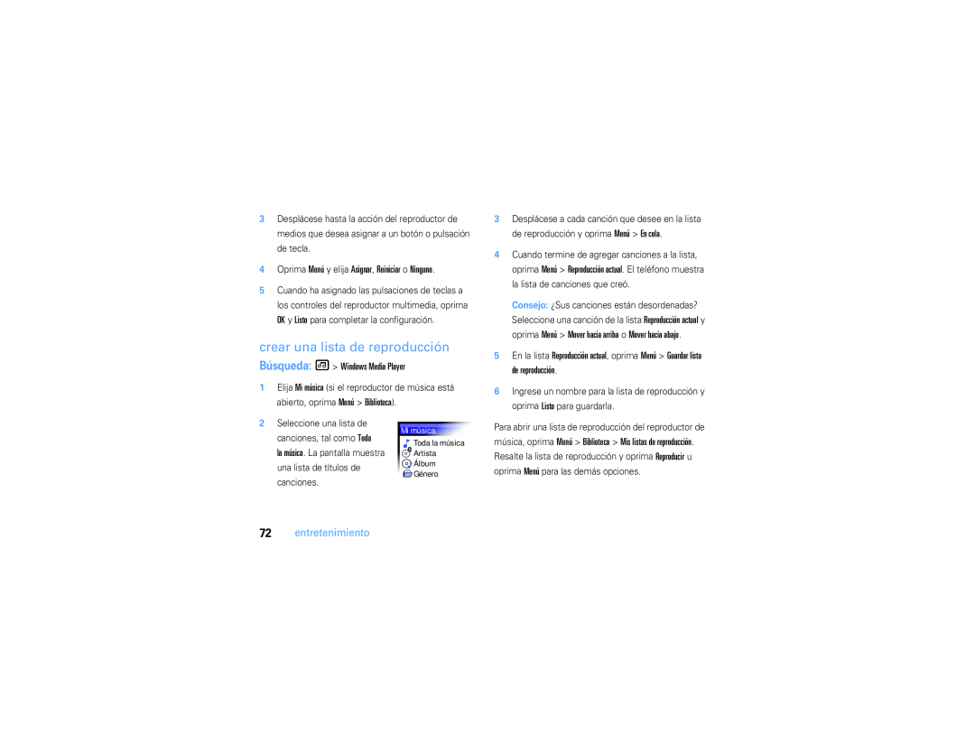 Motorola 9h manual crear una lista de reproducción, Búsqueda Windows Media Player, entretenimiento 