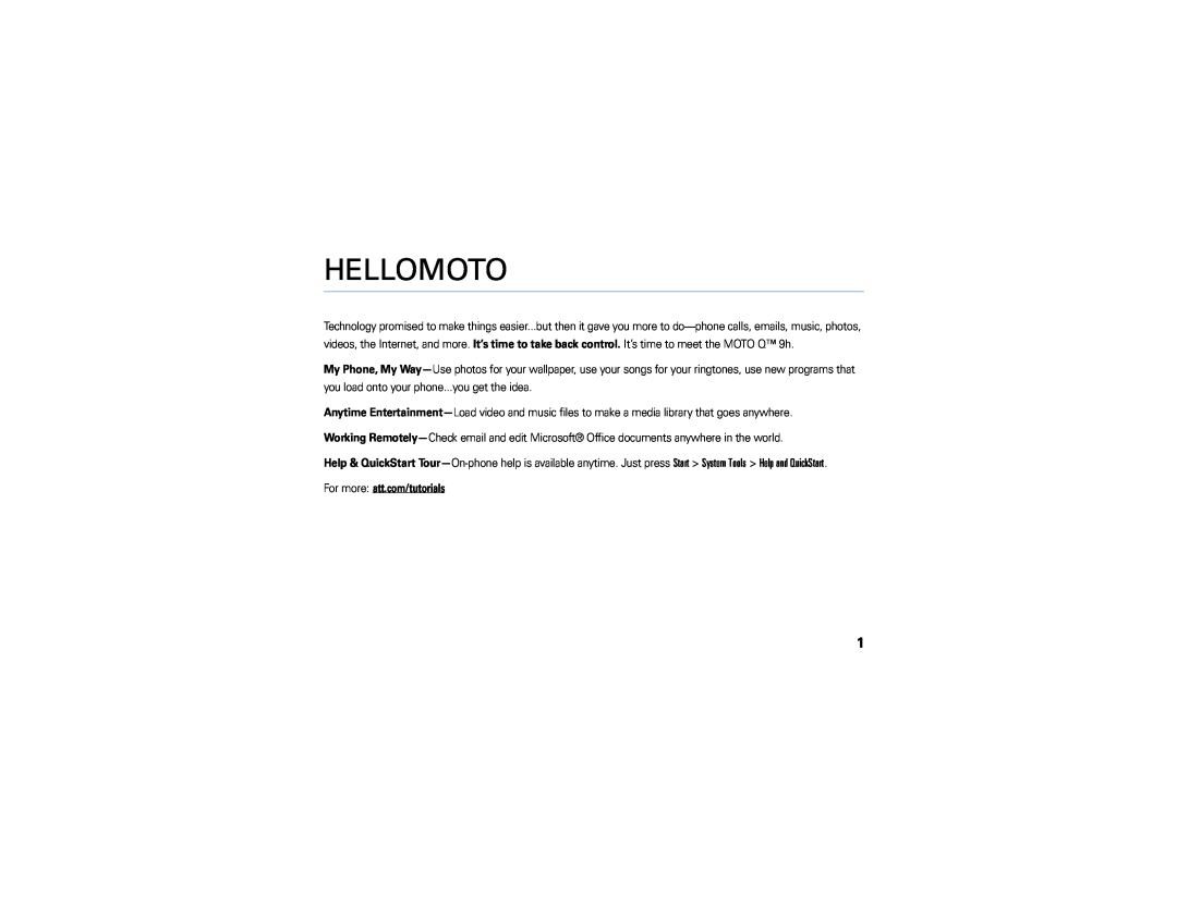 Motorola 9h manual Hellomoto, For more att.com/tutorials 