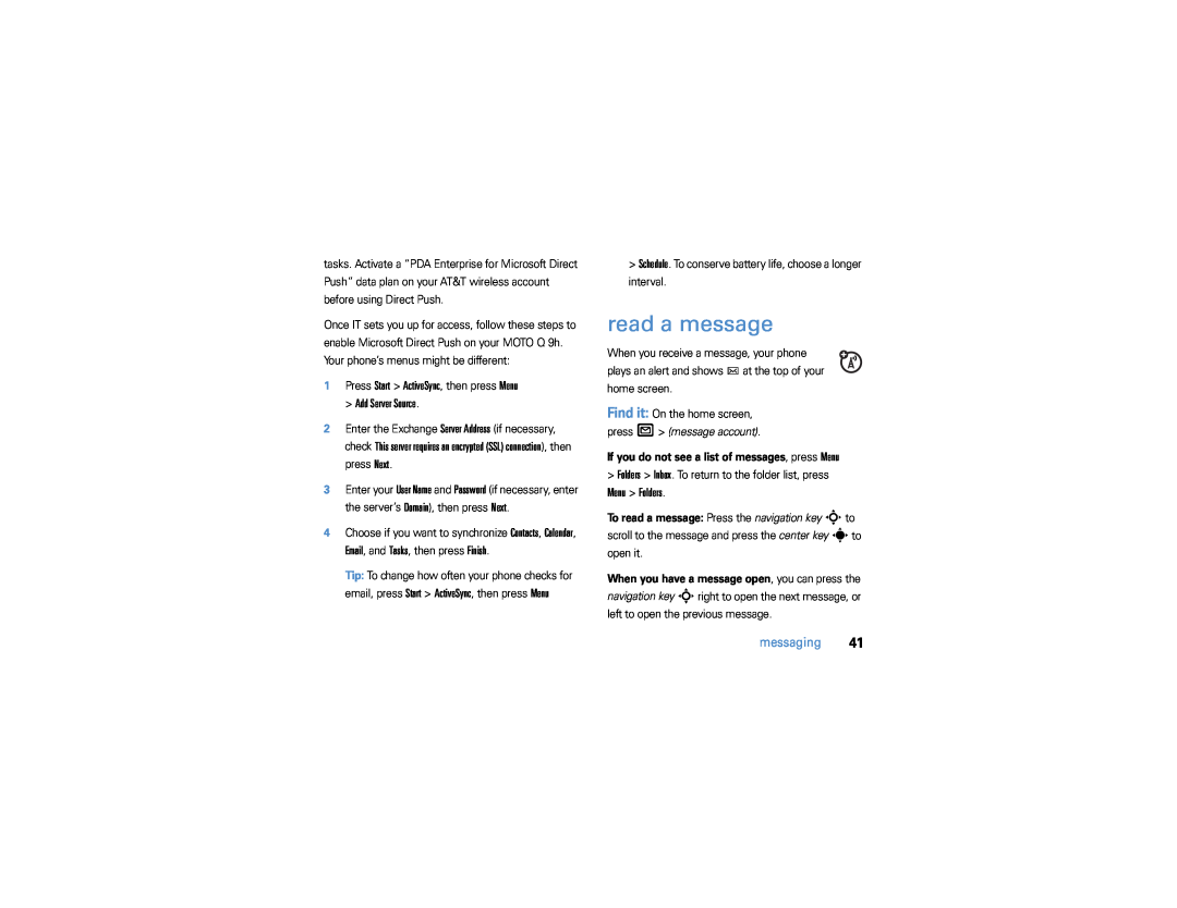 Motorola 9h manual read a message, Menu Folders, messaging 