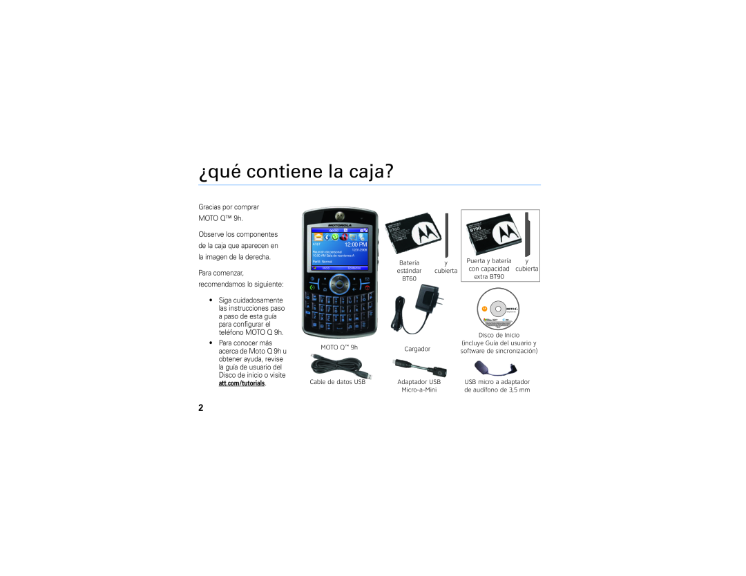 Motorola manual ¿qué contiene la caja?, Gracias por comprar MOTO Q 9h Observe los componentes, recomendamos lo siguiente 