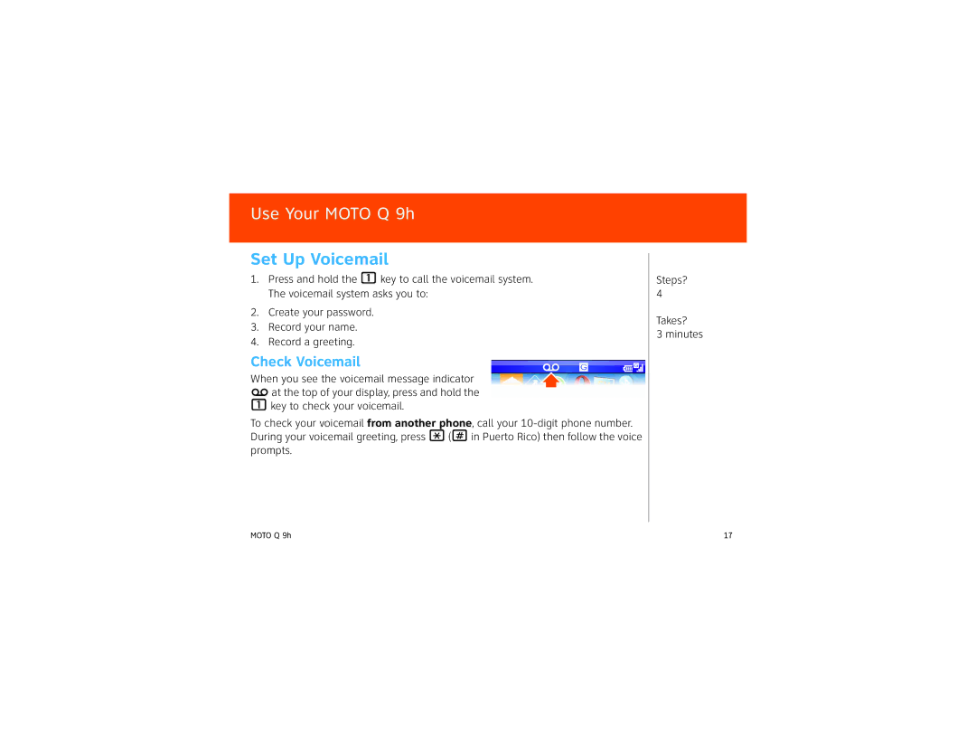 Motorola 9HMOTO manual Set Up Voicemail, Check Voicemail 