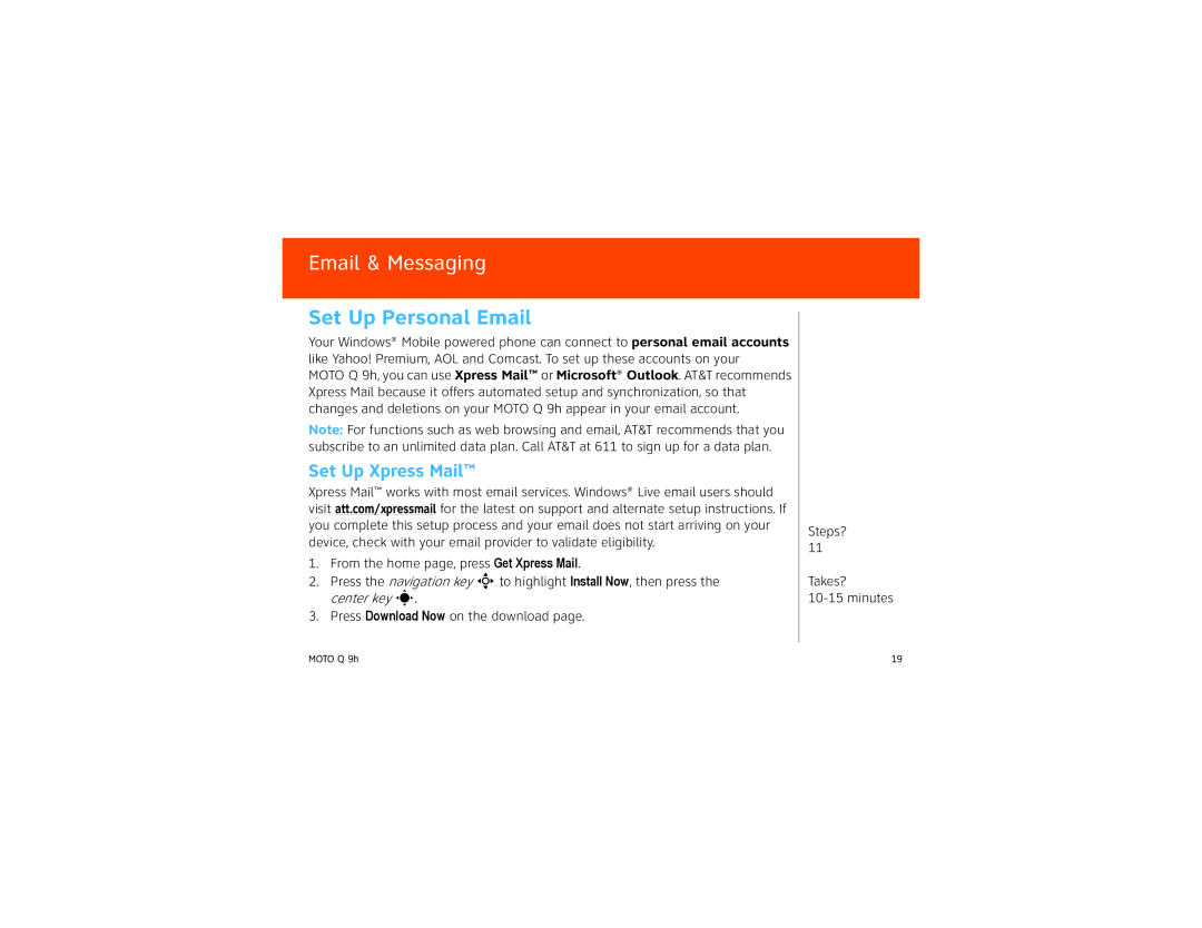 Motorola 9HMOTO manual Set Up Personal Email, Set Up Xpress Mail 