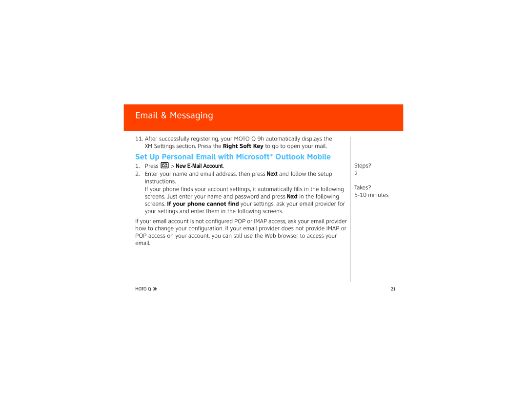 Motorola 9HMOTO manual Set Up Personal Email with Microsoft Outlook Mobile, Press R New E-Mail Account 