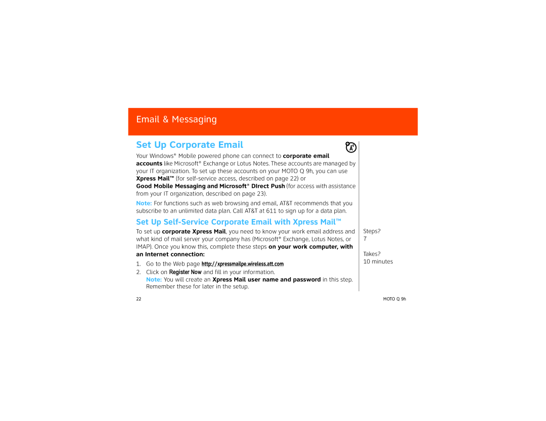 Motorola 9HMOTO manual Set Up Corporate Email, Set Up Self-Service Corporate Email with Xpress Mail, An Internet connection 