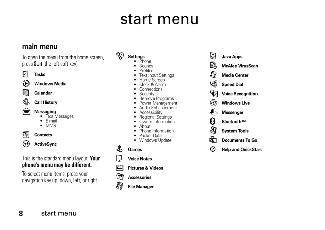 Motorola 9HMOTO manual Start menu, Main menu 