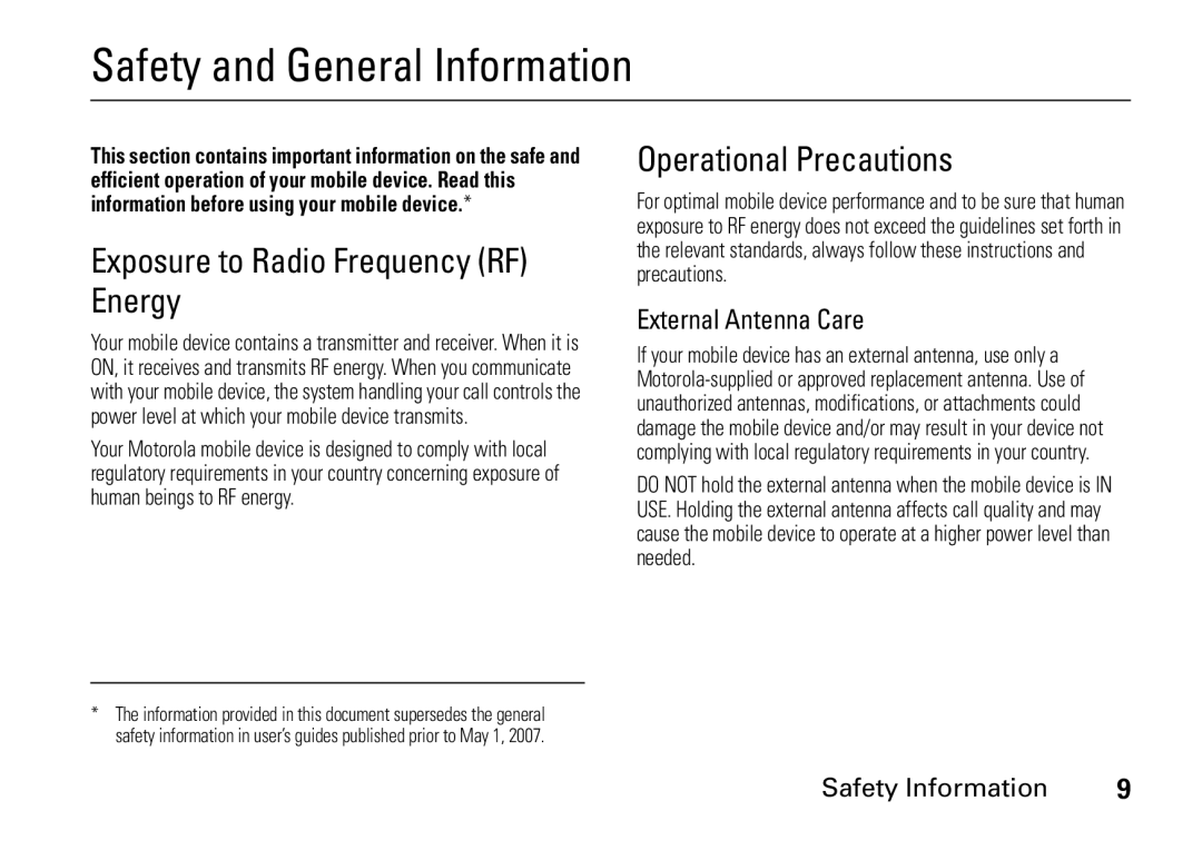 Motorola 9HMOTO manual Exposure to Radio Frequency RF Energy, Operational Precautions, External Antenna Care 