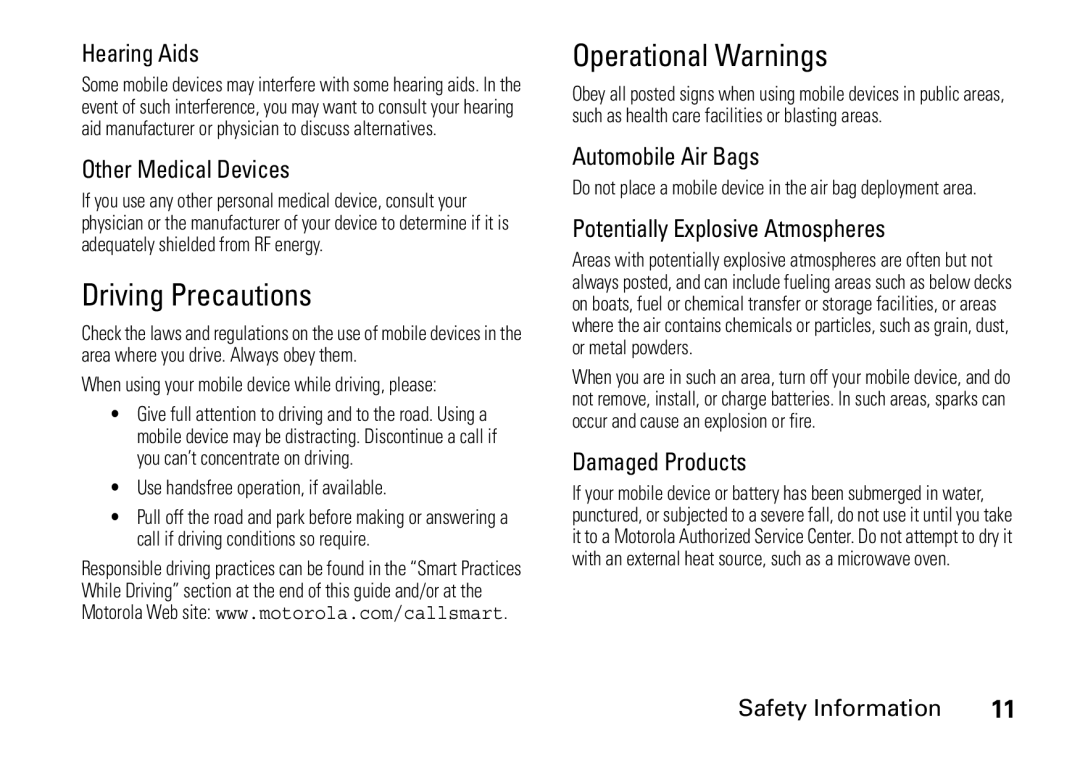 Motorola 9HMOTO manual Driving Precautions, Operational Warnings 